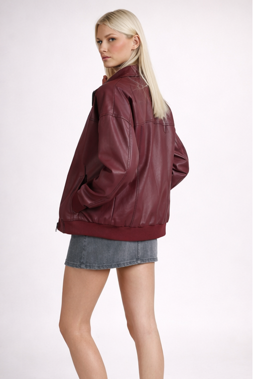 Burgundy zip jacket with collar and ribbed cuffs