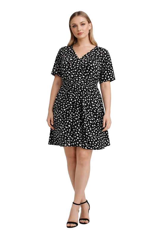 Black short dress with white dot print and button front