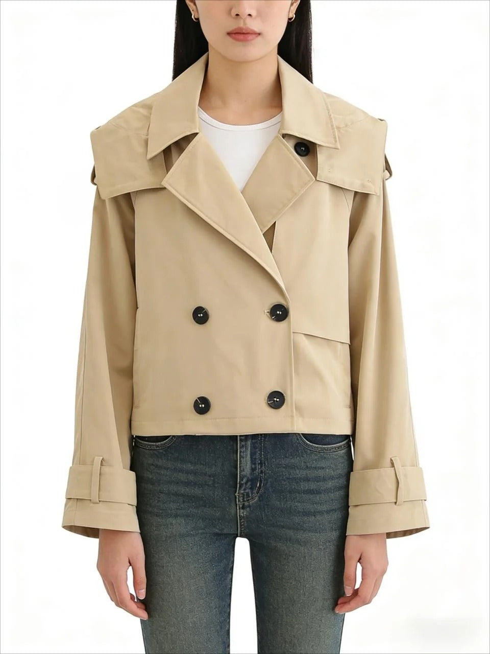 Beige cropped trench jacket with double-breasted front