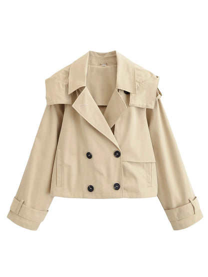 Beige cropped trench jacket with double-breasted front