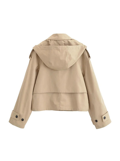 Beige cropped trench jacket with double-breasted front