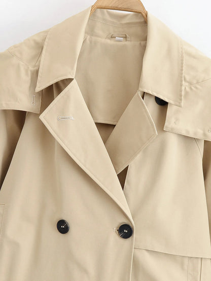Beige cropped trench jacket with double-breasted front