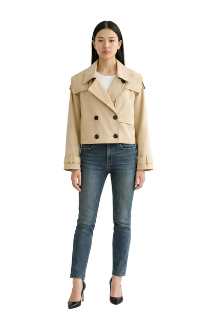 Beige cropped trench jacket with double-breasted front