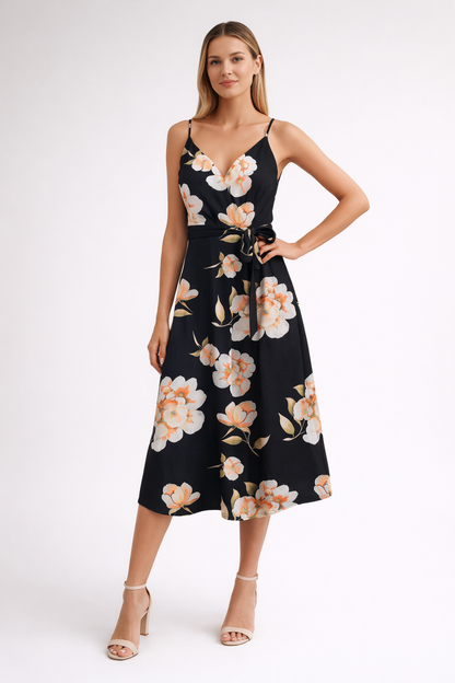 Black midi dress with floral print and waist tie detail