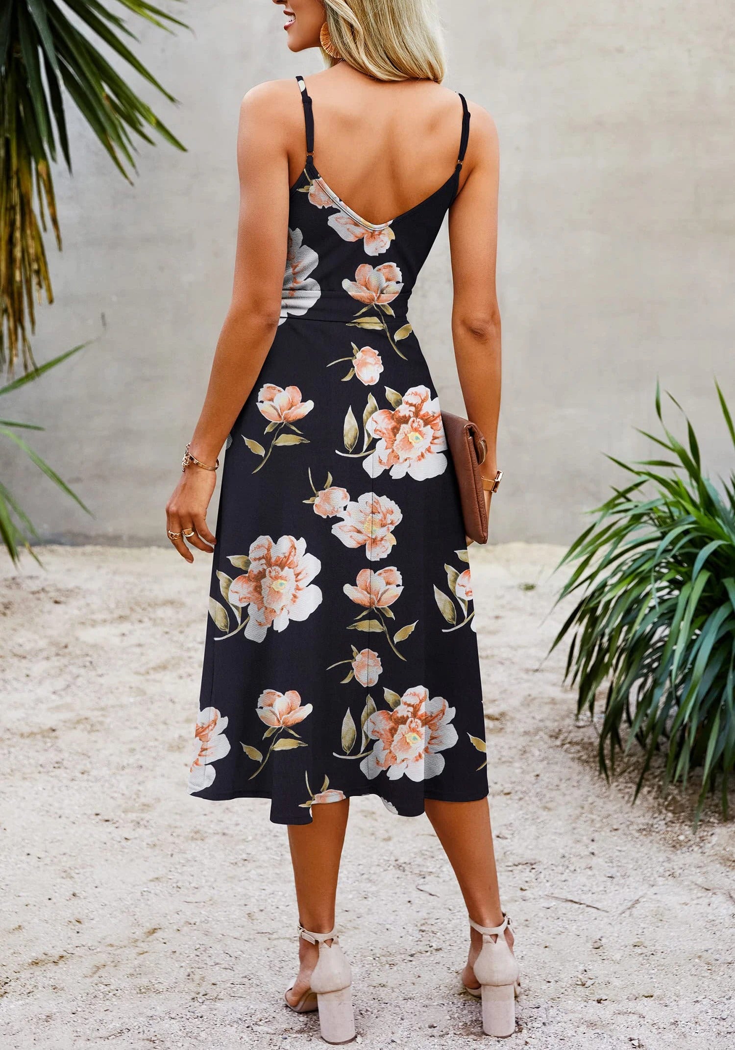Black midi dress with floral print and waist tie detail