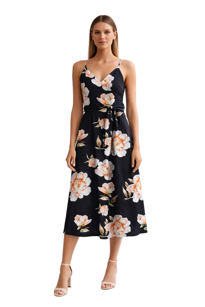 Black midi dress with floral print and waist tie detail