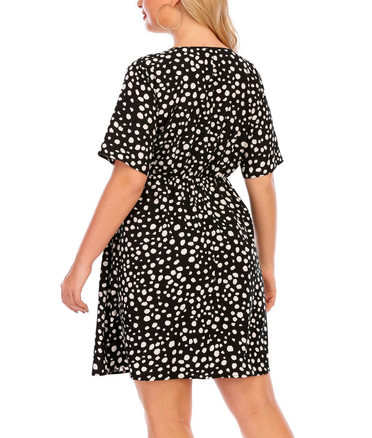Black short dress with white dot print and button front