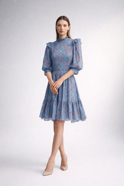 Blue mini dress with floral print and ruffle details