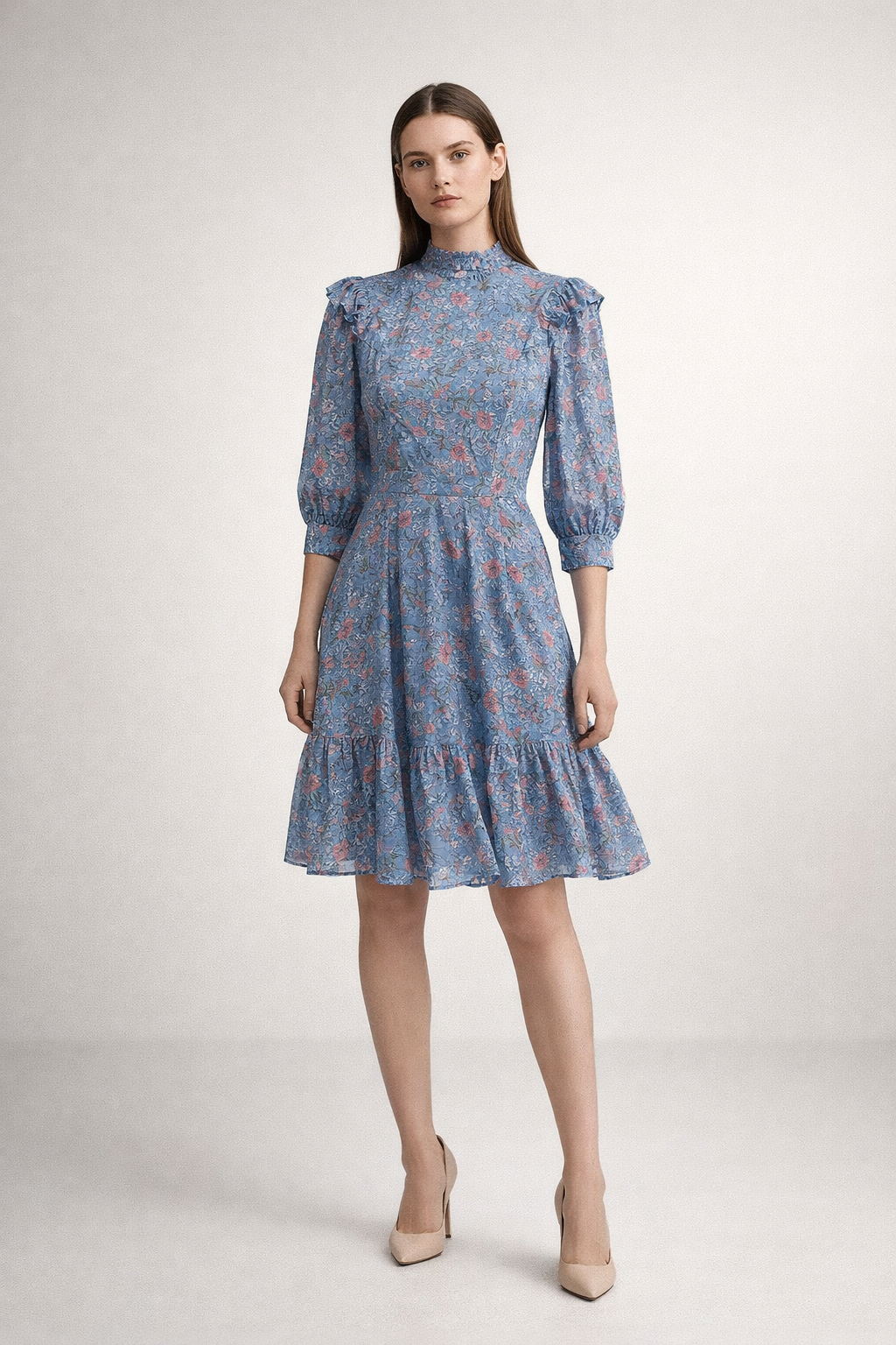 Blue mini dress with floral print and ruffle details
