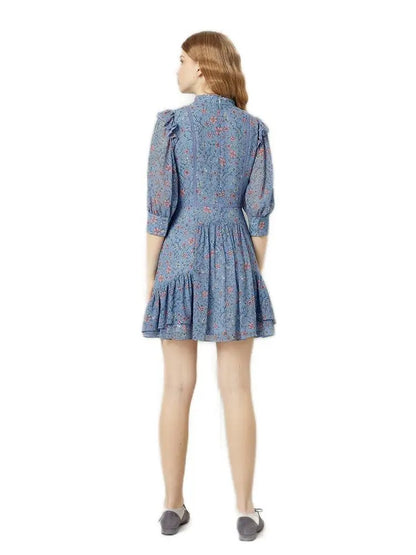 Blue mini dress with floral print and ruffle details