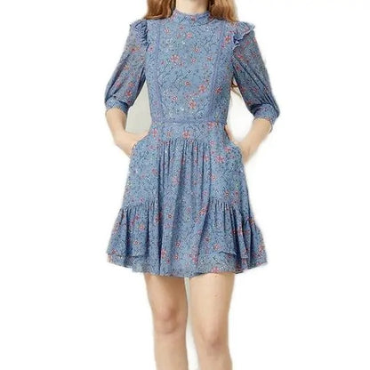 Blue mini dress with floral print and ruffle details