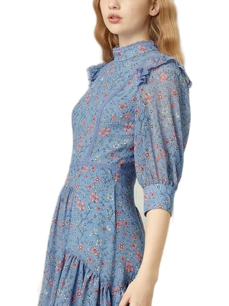 Blue mini dress with floral print and ruffle details
