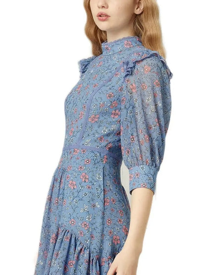 Blue mini dress with floral print and ruffle details