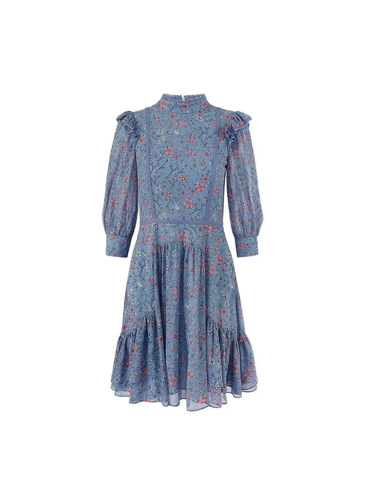 Blue mini dress with floral print and ruffle details