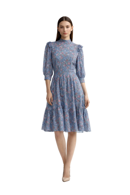 Blue mini dress with floral print and ruffle details