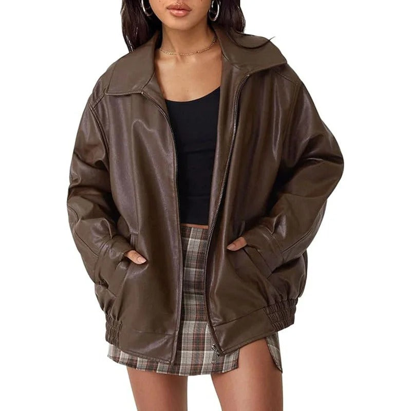 Brown oversized zip jacket with wide collar and elastic hem