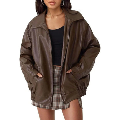 Brown oversized zip jacket with wide collar and elastic hem