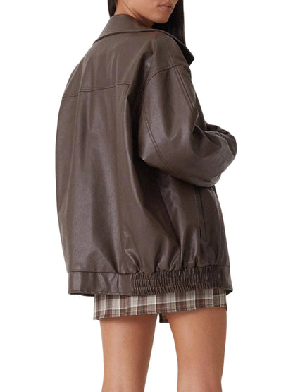 Brown oversized zip jacket with wide collar and elastic hem