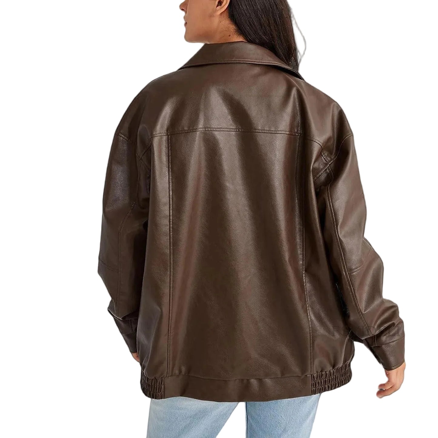 Brown oversized zip jacket with wide collar and elastic hem