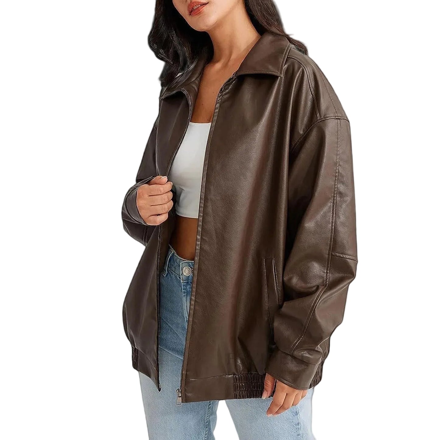Brown oversized zip jacket with wide collar and elastic hem