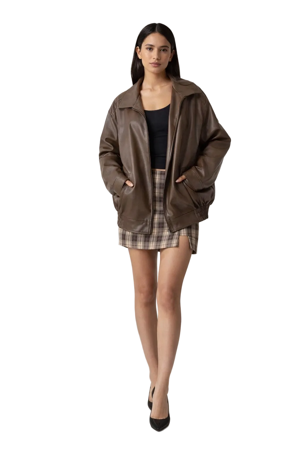 Brown oversized zip jacket with wide collar and elastic hem