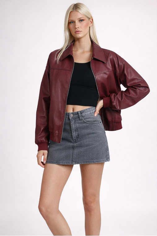 Burgundy zip jacket with collar and ribbed cuffs