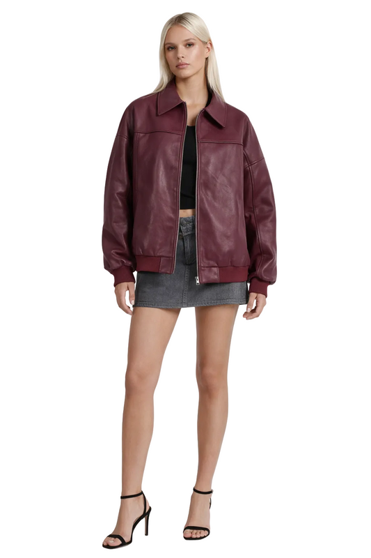 Burgundy zip jacket with collar and ribbed cuffs