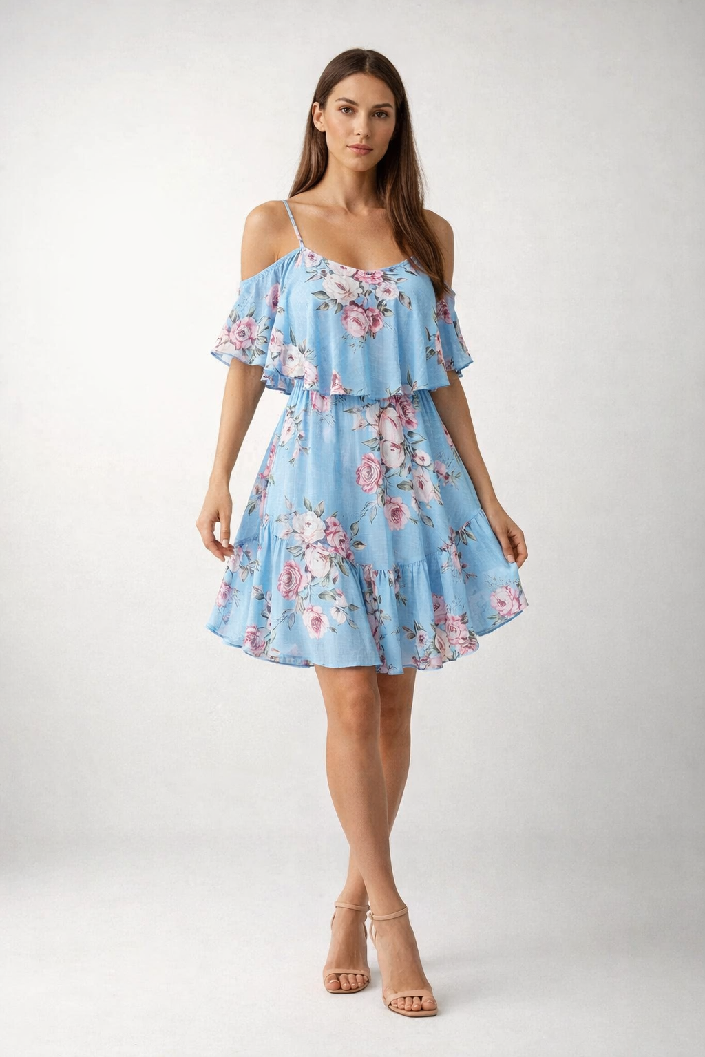 Light blue off-shoulder dress with floral print and ruffle hem