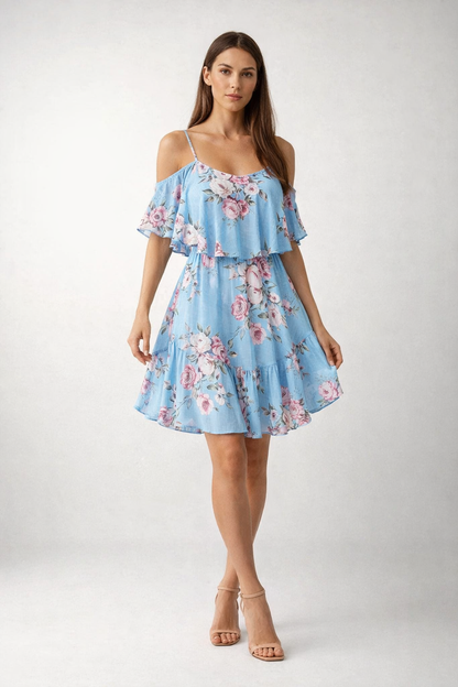 Light blue off-shoulder dress with floral print and ruffle hem