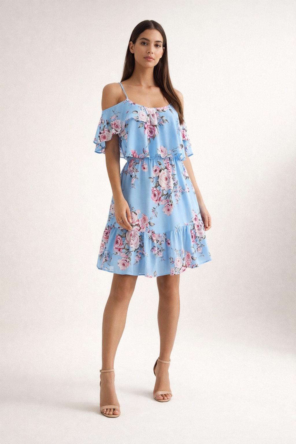 Light blue off-shoulder dress with floral print and ruffle hem