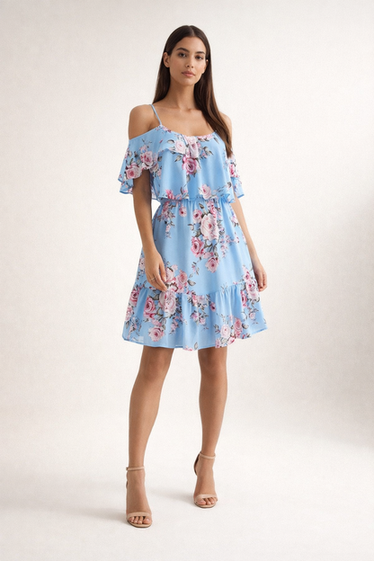 Light blue off-shoulder dress with floral print and ruffle hem