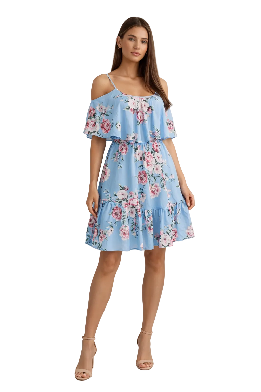 Light blue off-shoulder dress with floral print and ruffle hem