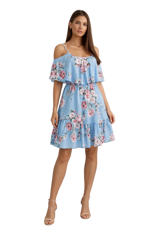 Light blue off-shoulder dress with floral print and ruffle hem
