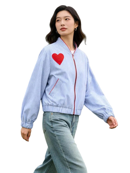 Light blue striped zip jacket with red heart patch