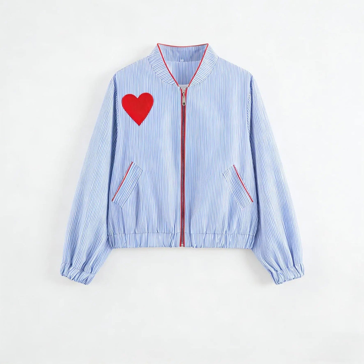 Light blue striped zip jacket with red heart patch