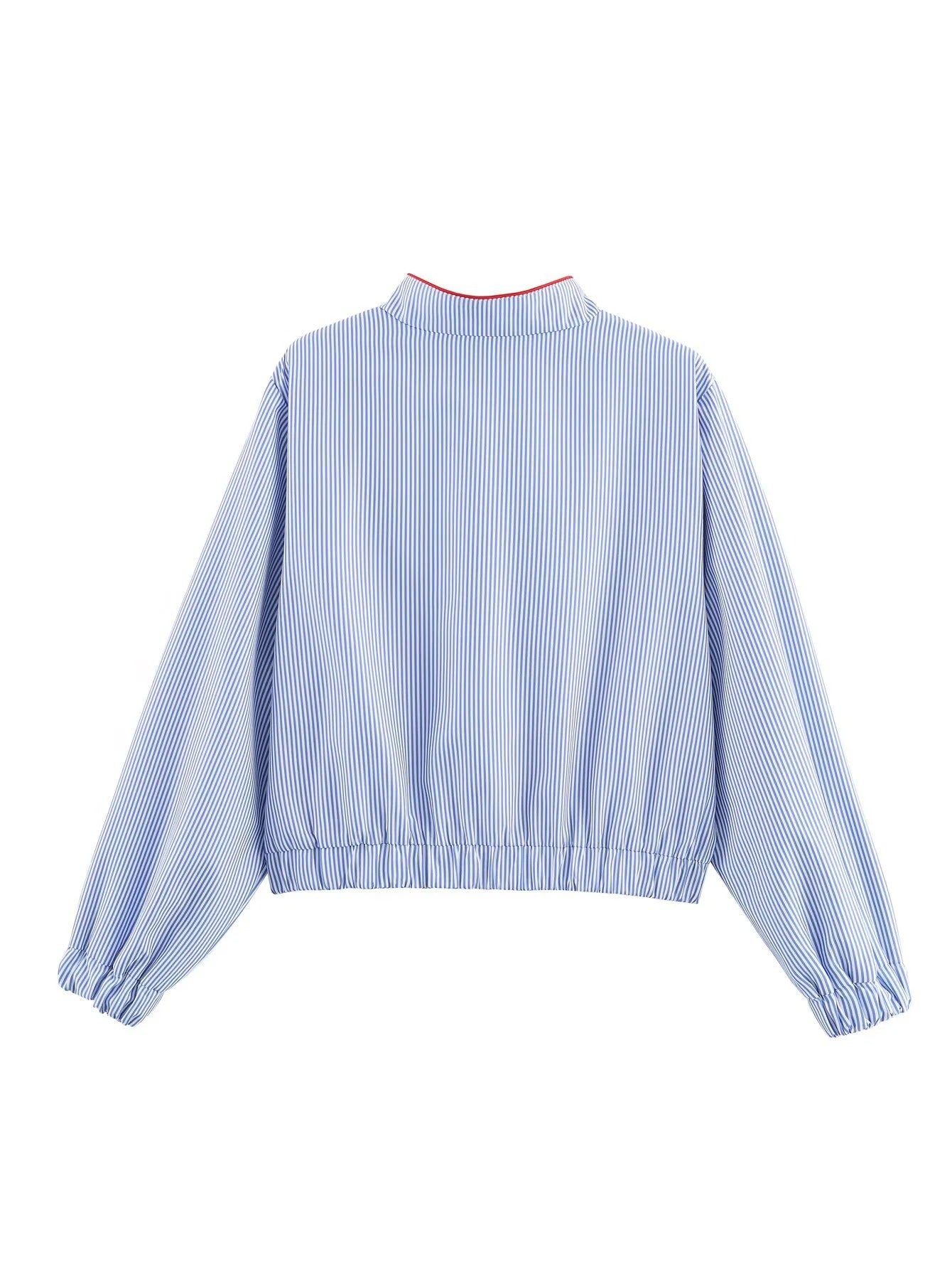 Light blue striped zip jacket with red heart patch