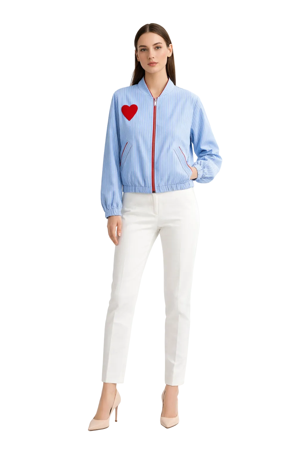 Light blue striped zip jacket with red heart patch