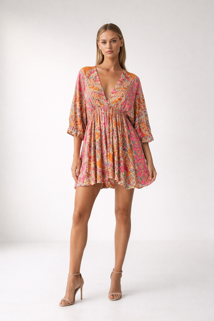 Multicolor mini dress with paisley print and deep V-neck