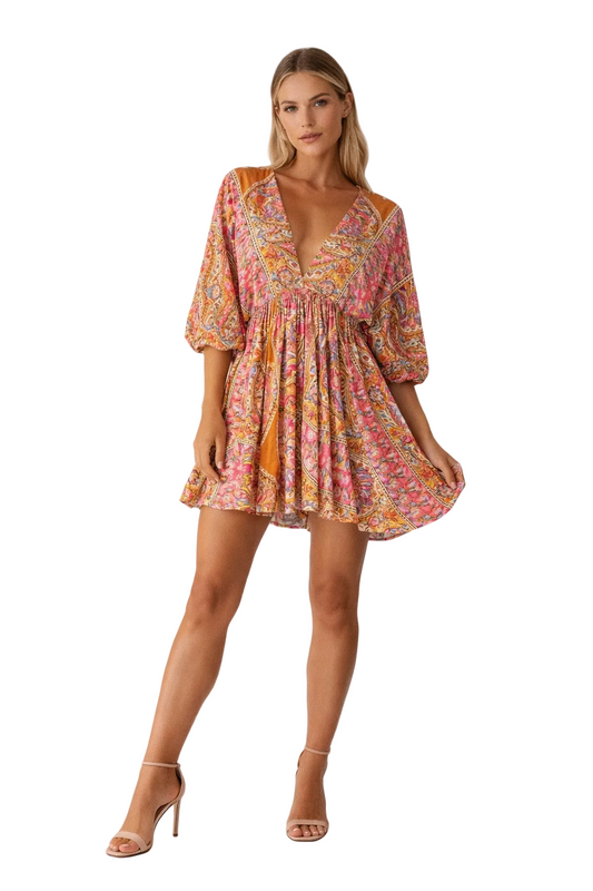 Multicolor mini dress with paisley print and deep V-neck