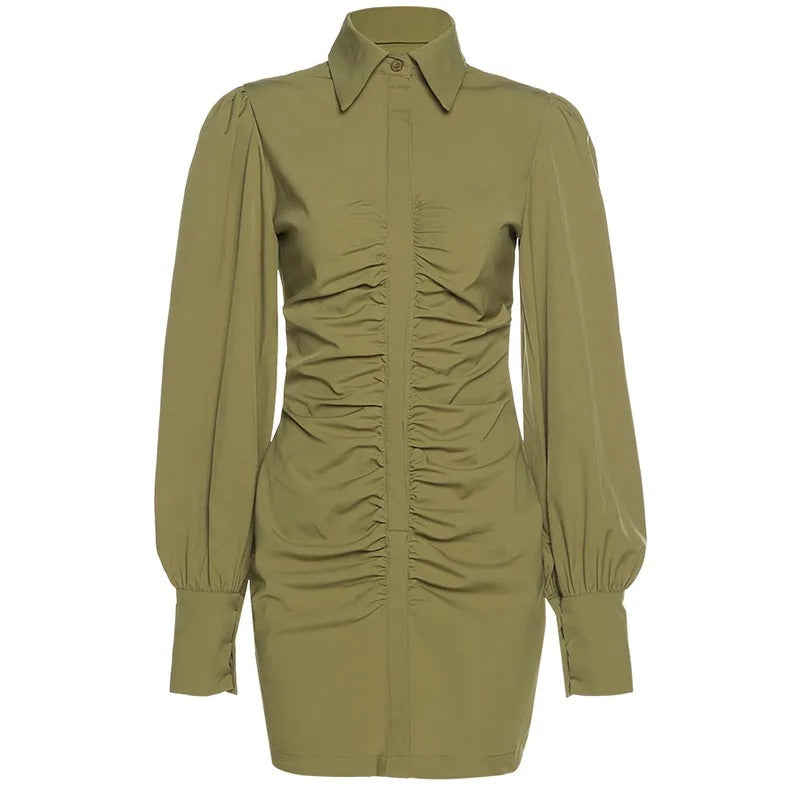 Olive green shirt dress with ruched front and long sleeves