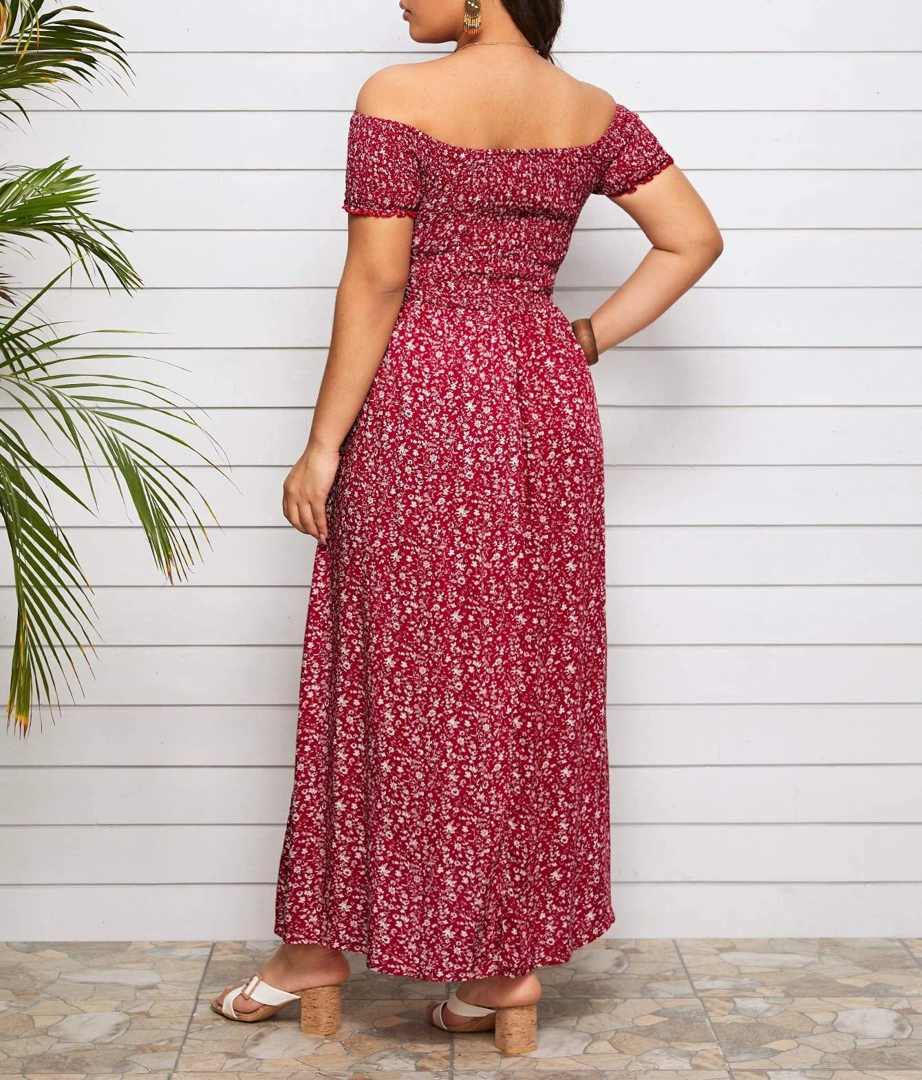 Red off-shoulder maxi dress with floral print and side slit