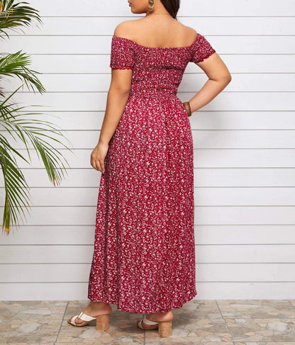 Red off-shoulder maxi dress with floral print and side slit