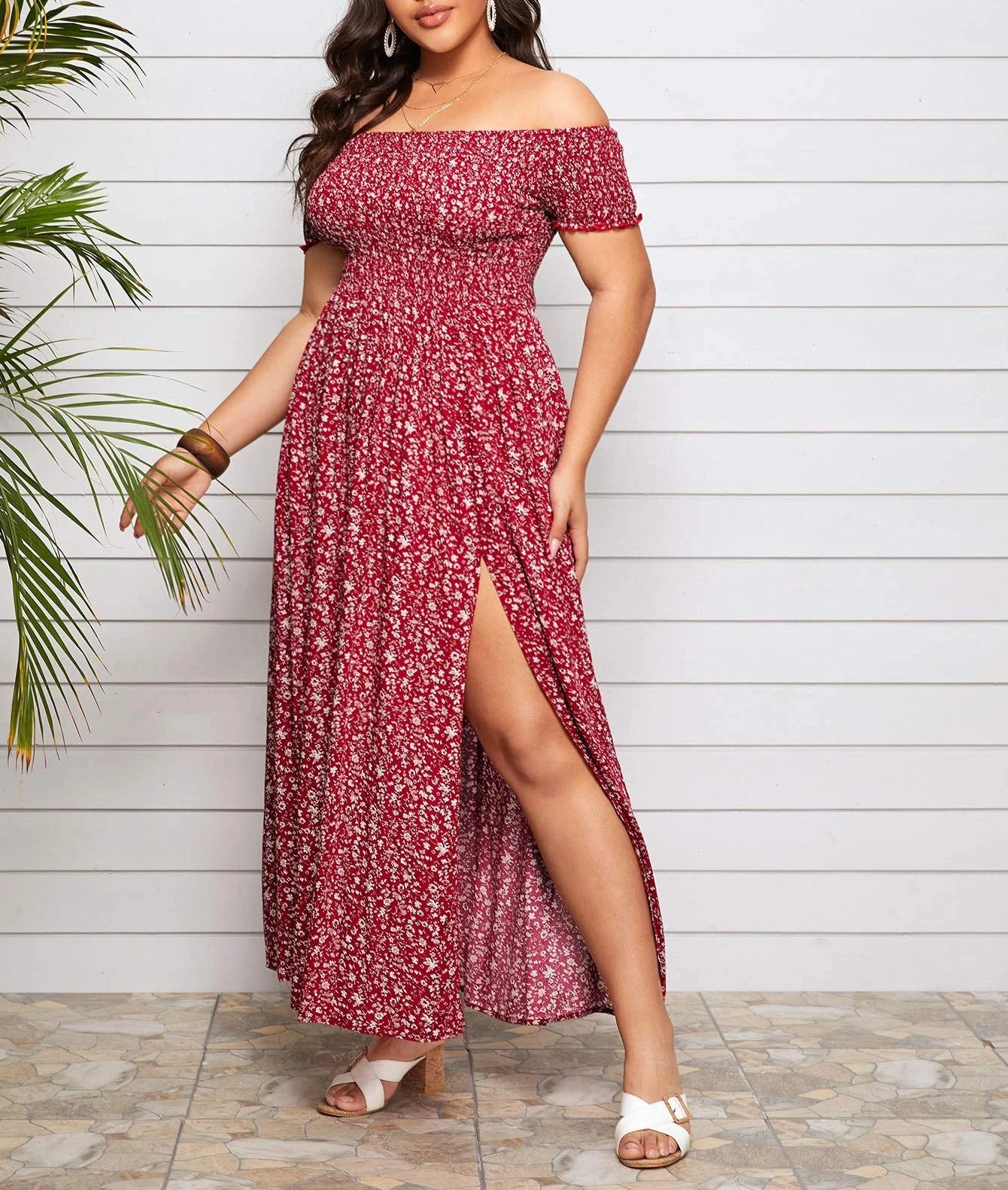 Red off-shoulder maxi dress with floral print and side slit