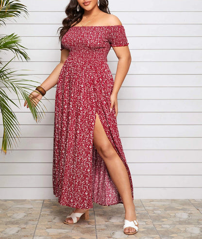 Red off-shoulder maxi dress with floral print and side slit