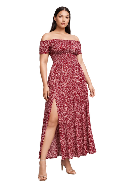 Red off-shoulder maxi dress with floral print and side slit