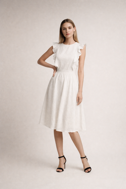 White midi dress with ruffle shoulders and textured fabric