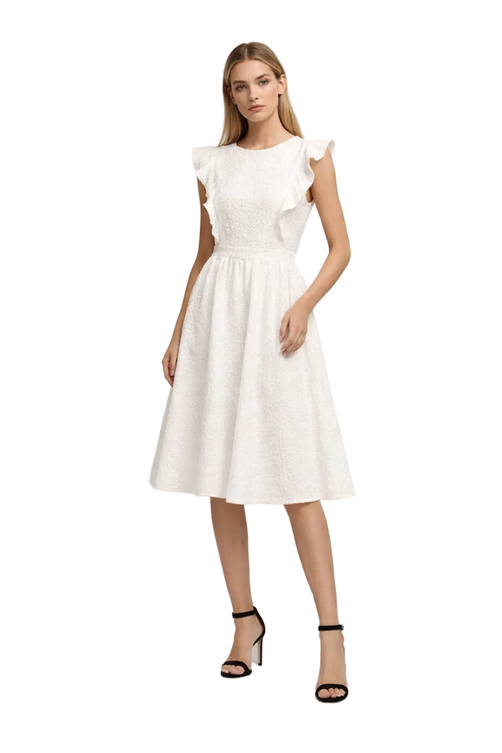White midi dress with ruffle shoulders and textured fabric