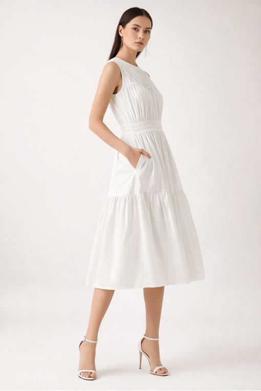 White sleeveless midi dress with gathered waist and tiered skirt