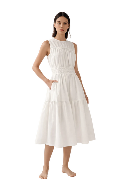 White sleeveless midi dress with gathered waist and tiered skirt